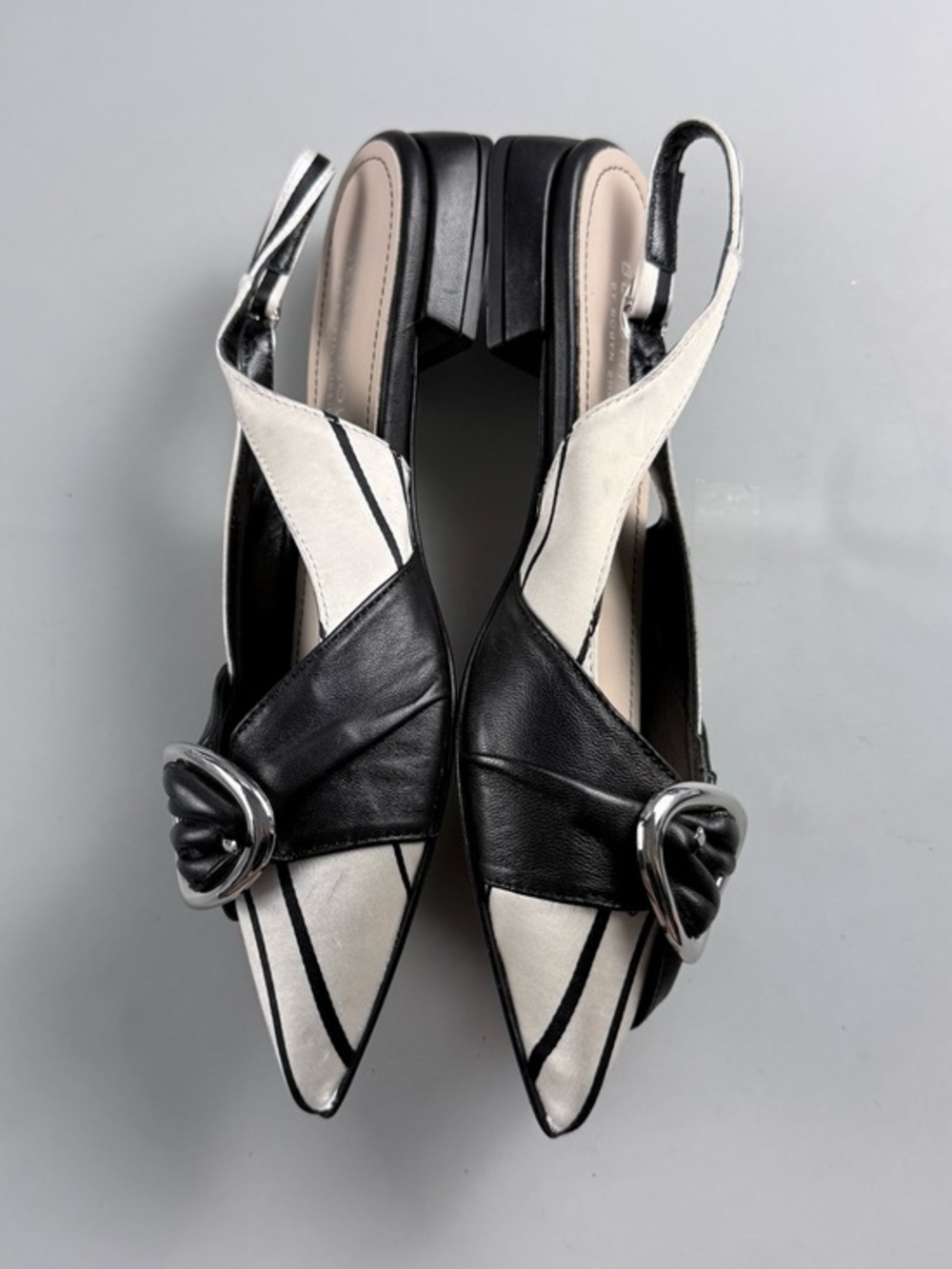 Beautiisoles Nero Bianco Leather Slingback Pointed Toe Heels EU 37 US 7